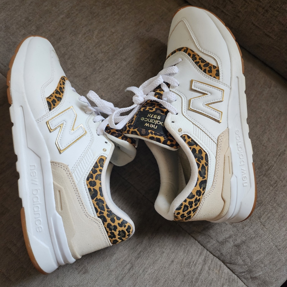 New Balance White and Leopard Print Sneakers